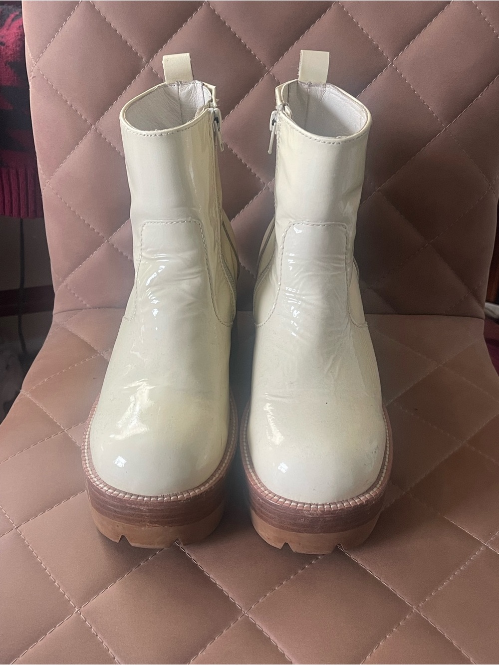 Jeffrey Campbell Cream Patent Platform Ankle Boots